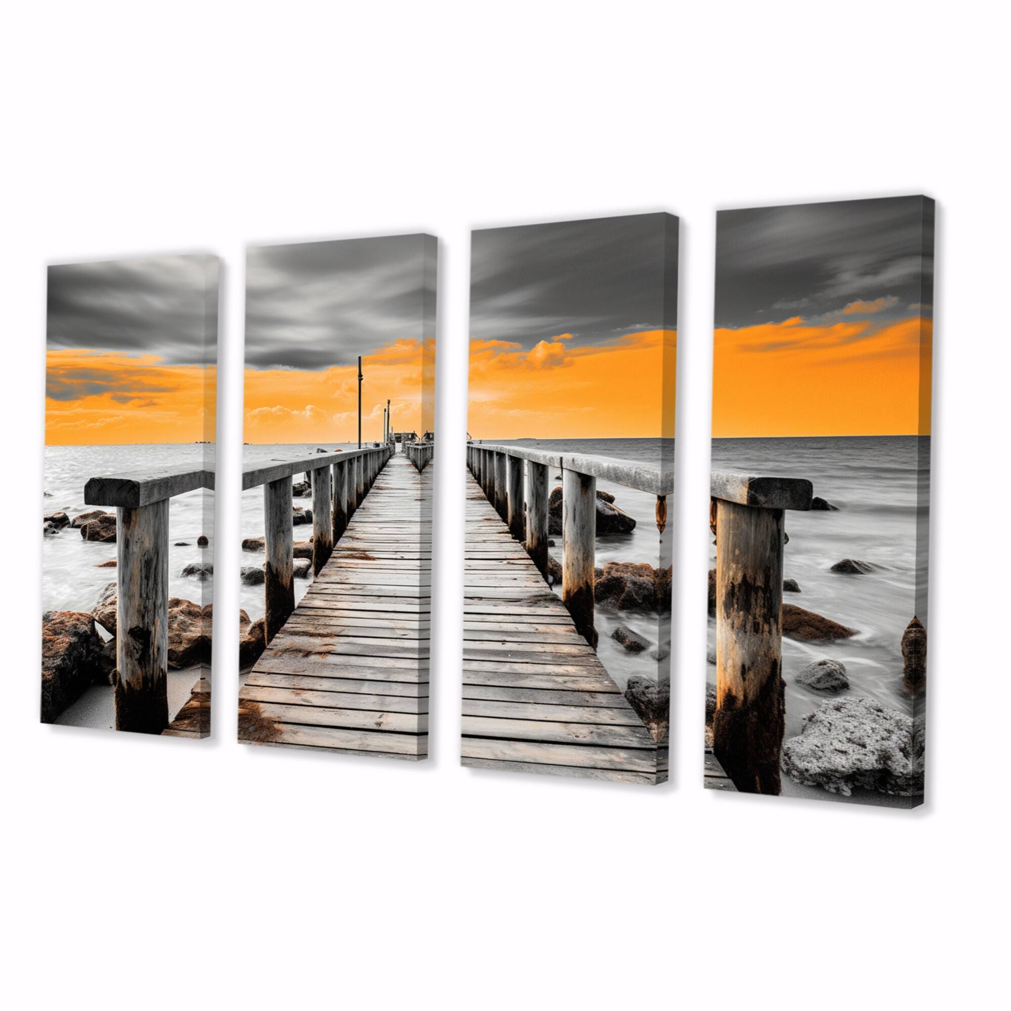 Designart "Beach Yellow And Grey Pier Perspective II" Nautical & Beach